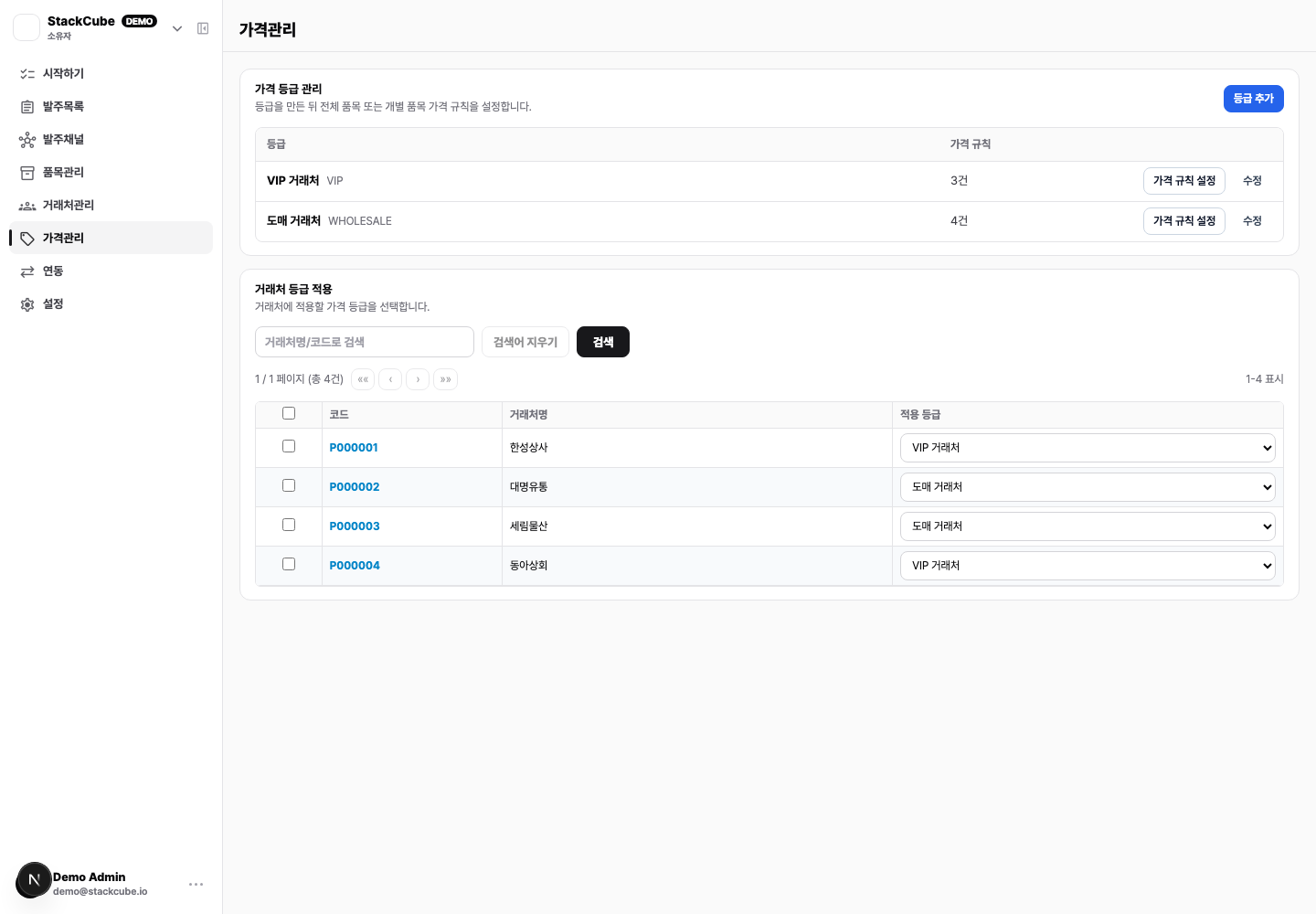 가격 등급을 만들고 거래처별 적용 등급을 지정하는 StackCube 가격관리 화면